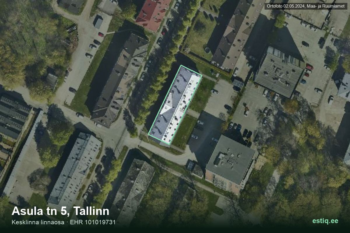 Asula tänav 5, Tallinn – ilmakuva rakennuksesta, ääriviiva rakennusrekisteristä (EHR)