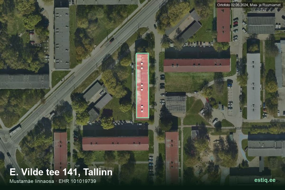 E. Vilde tee 141, Tallinn – аэрофото дома, контур по данным регистра строений (EHR)