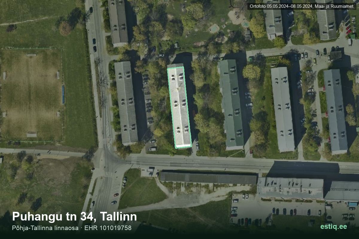 Puhangu tänav 34, Tallinn – hoone aerofoto, kontuur ehitisregistri (EHR) andmetest