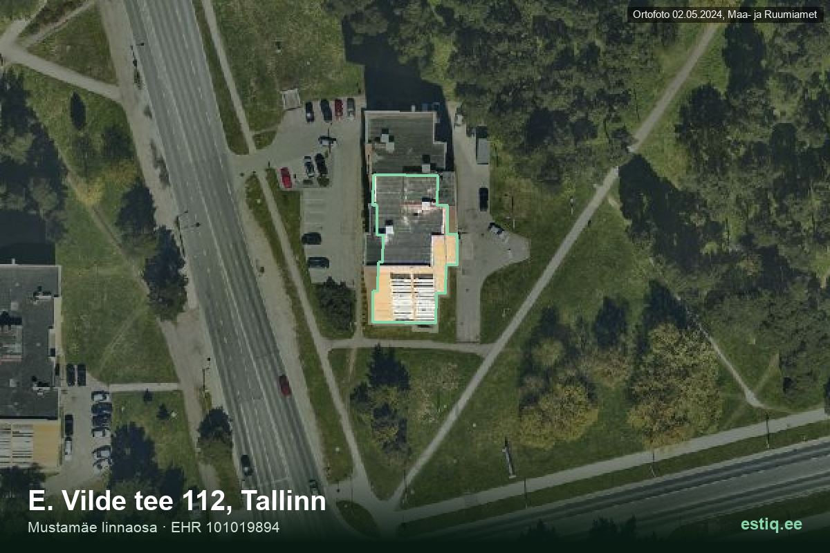 E. Vilde tee 112, Tallinn – hoone aerofoto, kontuur ehitisregistri (EHR) andmetest