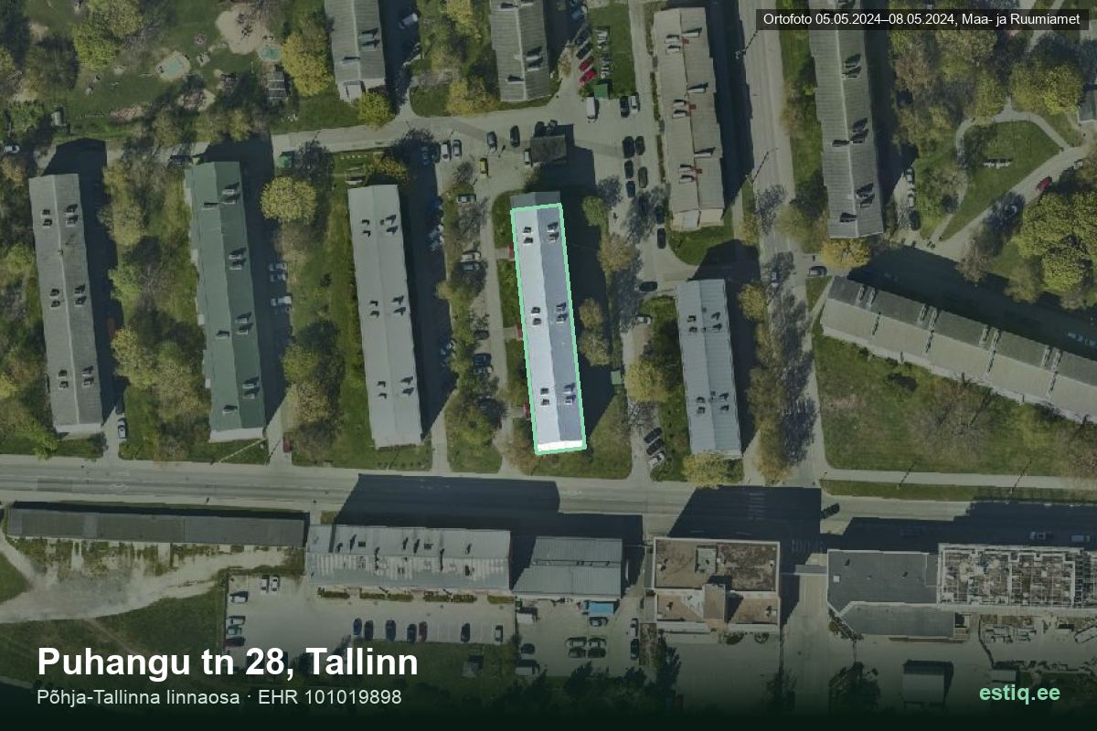 Puhangu tänav 28, Tallinn – hoone aerofoto, kontuur ehitisregistri (EHR) andmetest