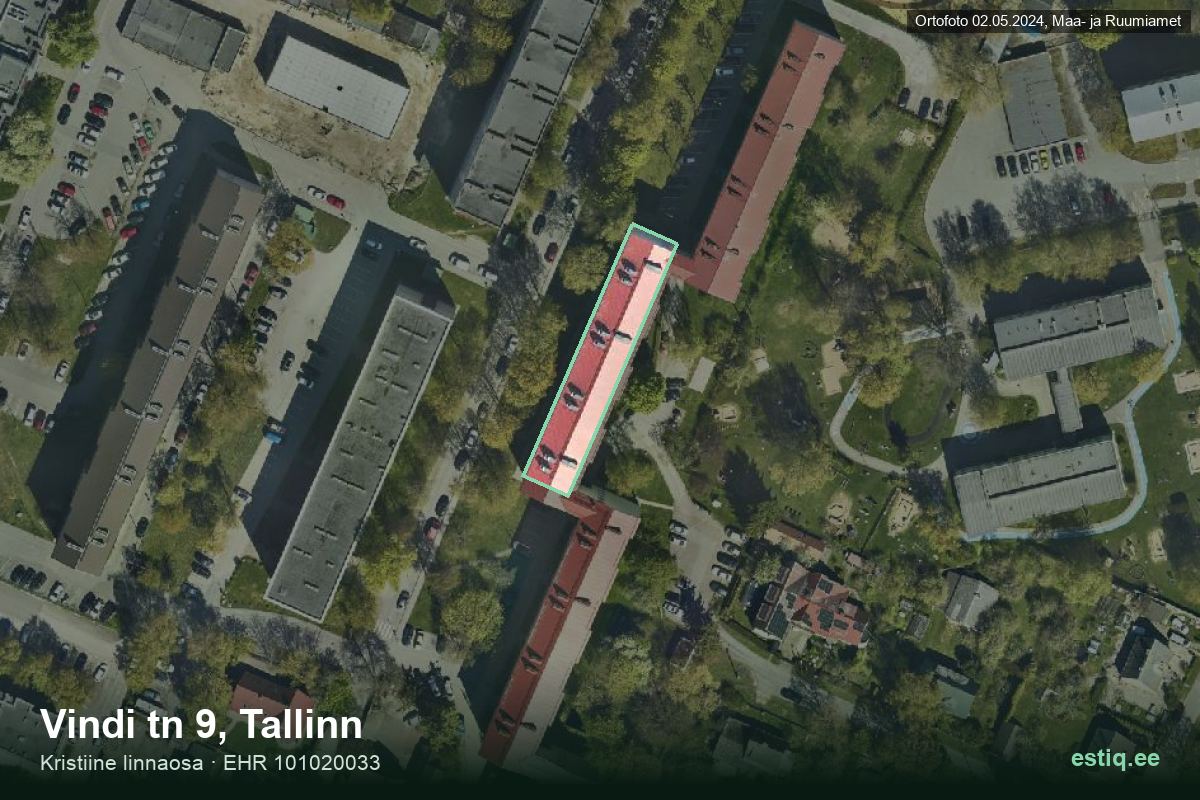Vindi tänav 9, Tallinn – ilmakuva rakennuksesta, ääriviiva rakennusrekisteristä (EHR)
