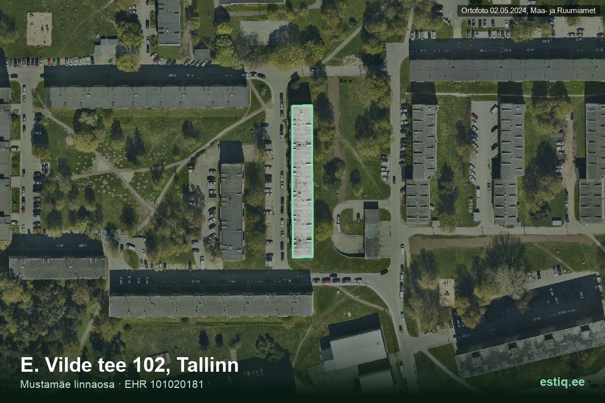 E. Vilde tee 102, Tallinn – hoone aerofoto, kontuur ehitisregistri (EHR) andmetest