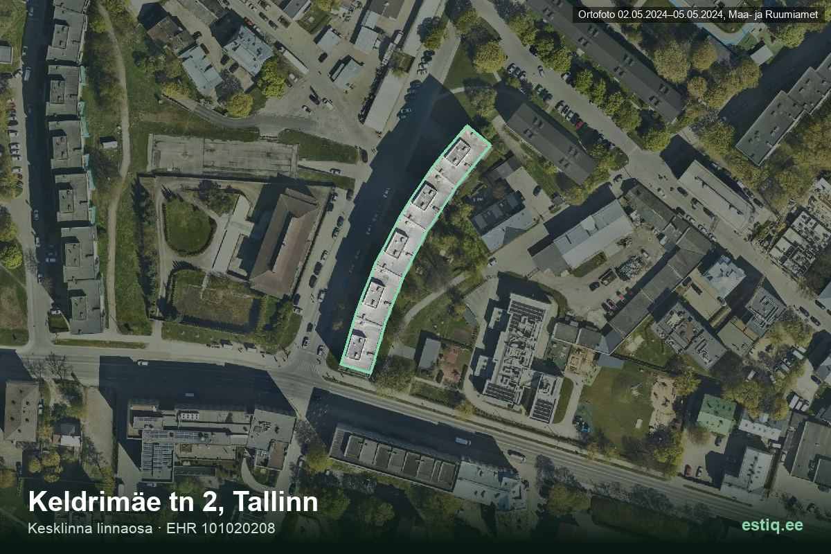 Keldrimäe tänav 2, Tallinn – hoone aerofoto, kontuur ehitisregistri (EHR) andmetest