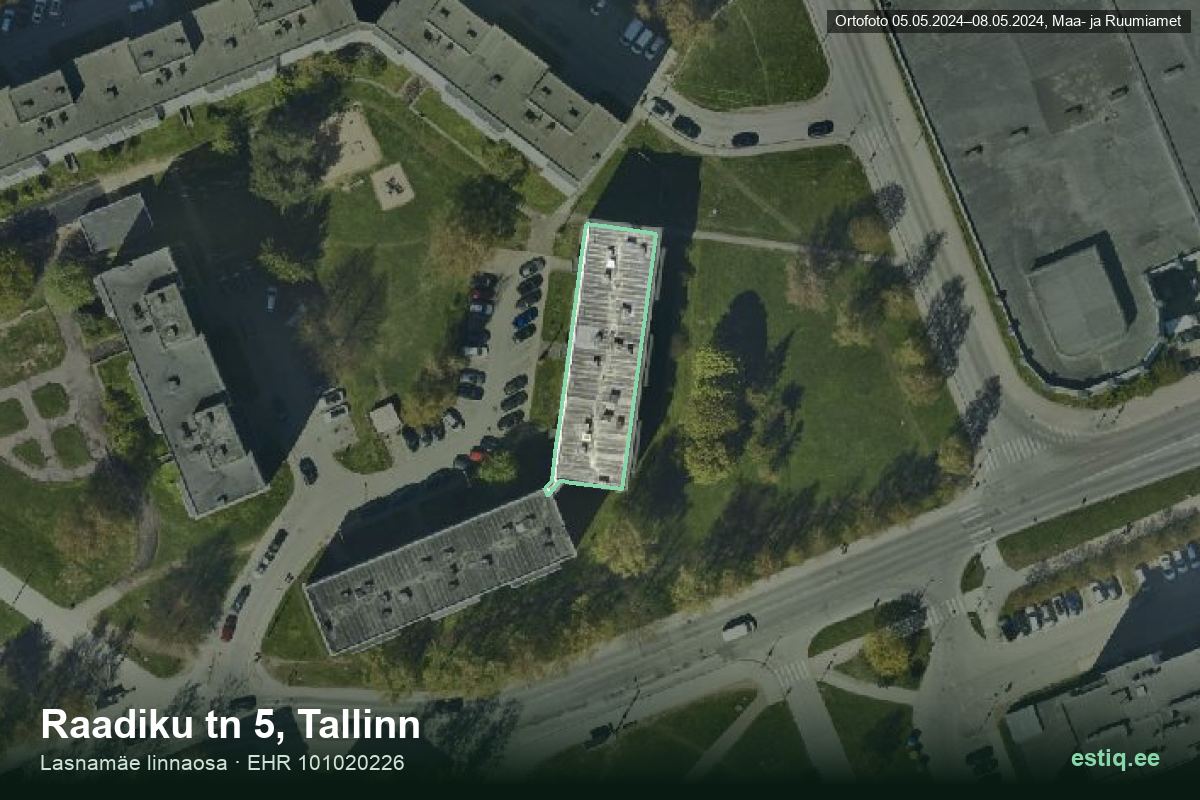 Raadiku tänav 5, Tallinn – hoone aerofoto, kontuur ehitisregistri (EHR) andmetest