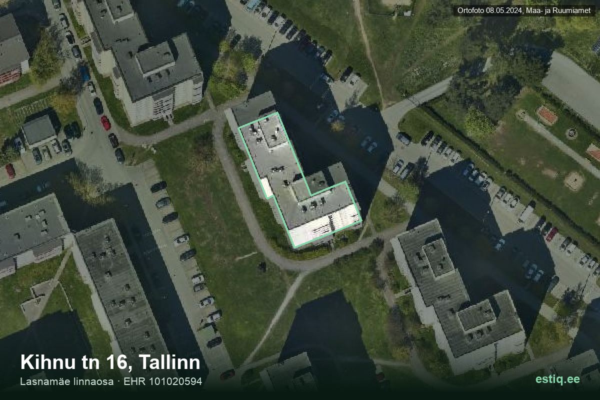Kihnu tänav 16, Tallinn – аэрофото дома, контур по данным регистра строений (EHR)