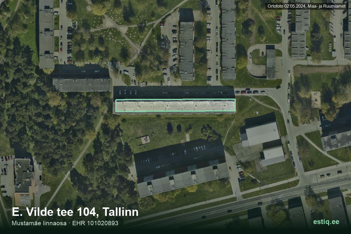 E. Vilde tee 104, Tallinn – hoone aerofoto, kontuur ehitisregistri (EHR) andmetest