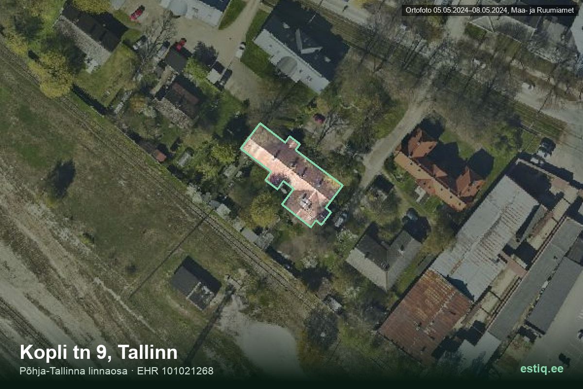 Kopli tänav 9, Tallinn – hoone aerofoto, kontuur ehitisregistri (EHR) andmetest