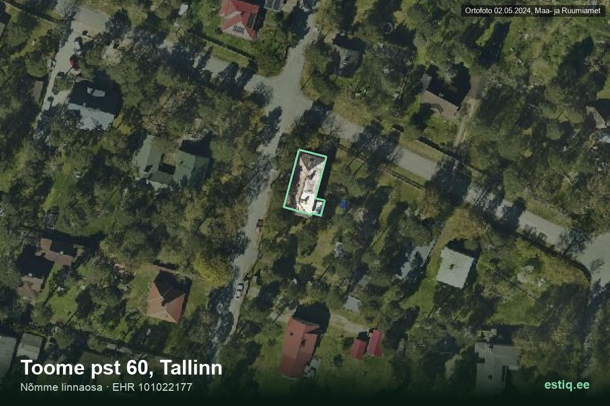 Toome pst 60, Tallinn – аэрофото дома, контур по данным регистра строений (EHR)