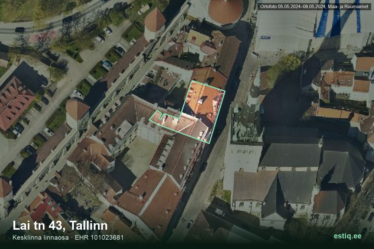 Lai tänav 43, Tallinn – ilmakuva rakennuksesta, ääriviiva rakennusrekisteristä (EHR)