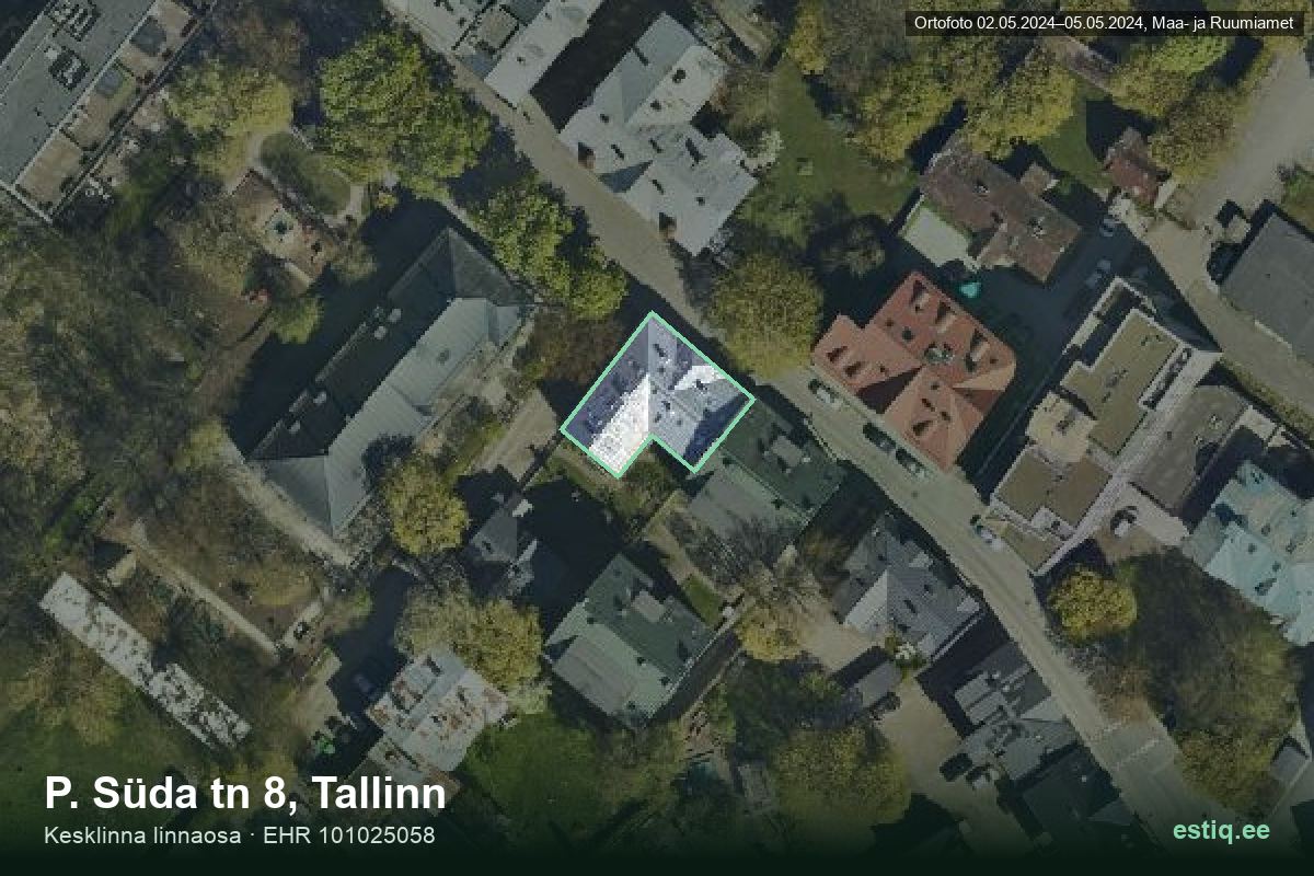 P. Süda tänav 8, Tallinn – аэрофото дома, контур по данным регистра строений (EHR)