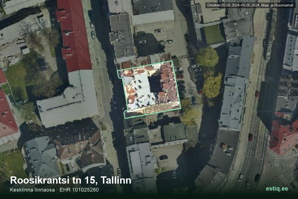 Roosikrantsi tänav 15, Tallinn – hoone aerofoto, kontuur ehitisregistri (EHR) andmetest