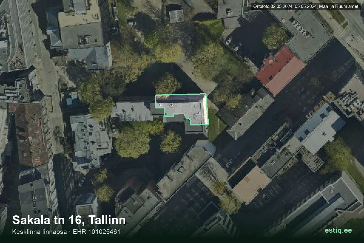 Sakala tänav 16, Tallinn – аэрофото дома, контур по данным регистра строений (EHR)