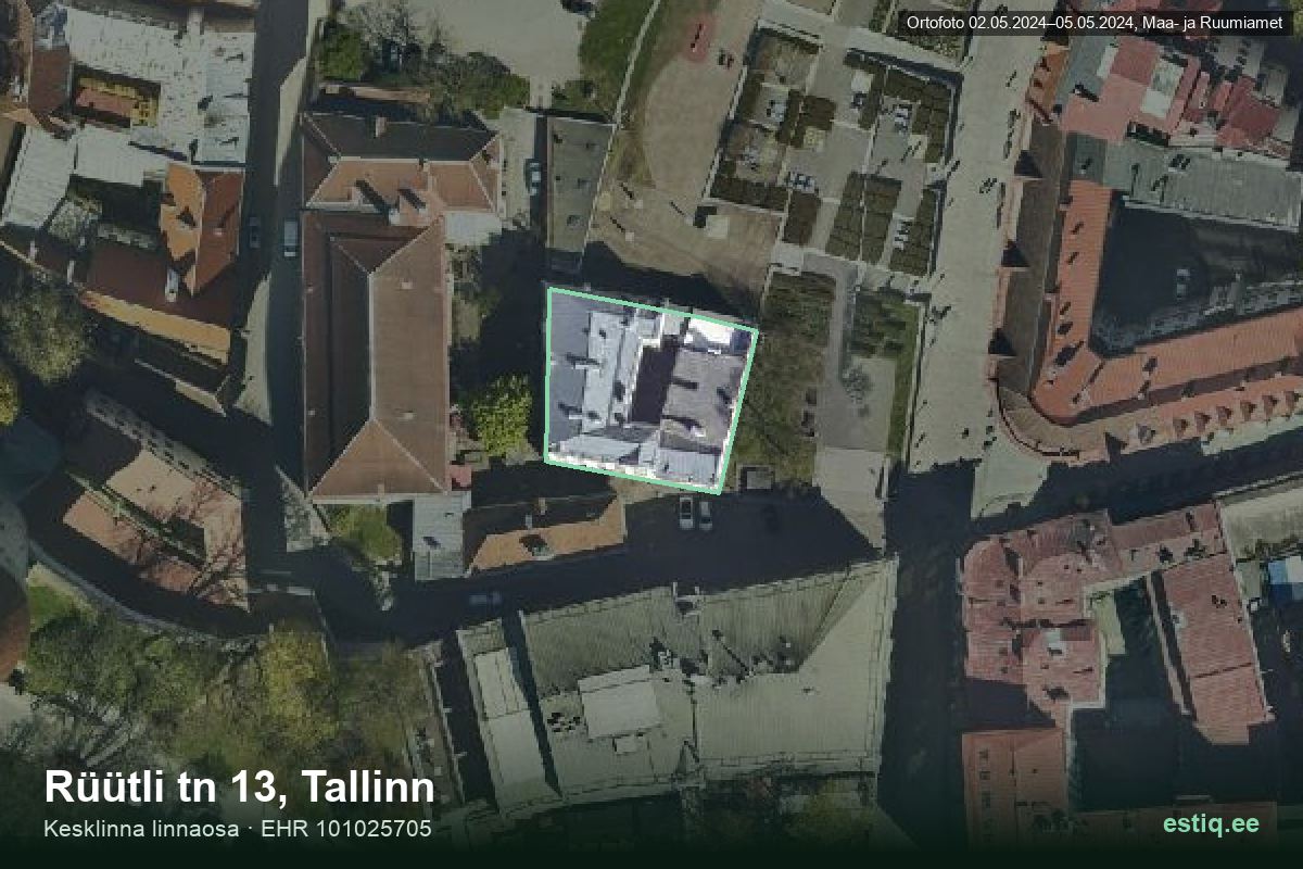 Rüütli tänav 13, Tallinn – аэрофото дома, контур по данным регистра строений (EHR)