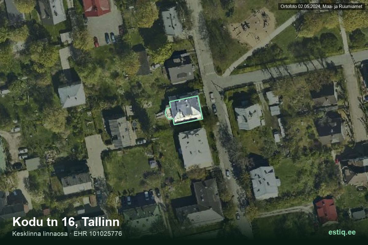 Kodu tänav 16, Tallinn – аэрофото дома, контур по данным регистра строений (EHR)