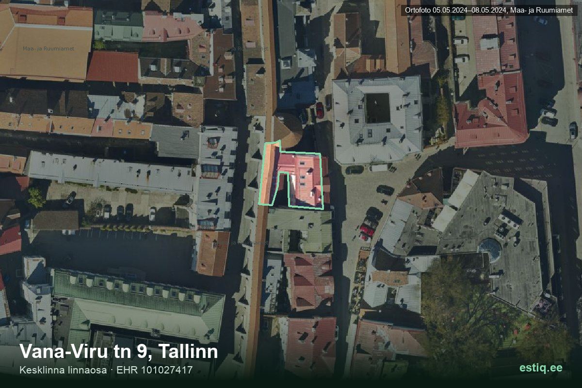 Vana-Viru tänav 9, Tallinn – hoone aerofoto, kontuur ehitisregistri (EHR) andmetest