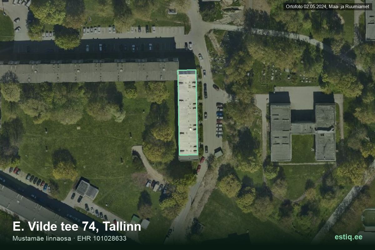 E. Vilde tee 74, Tallinn – hoone aerofoto, kontuur ehitisregistri (EHR) andmetest