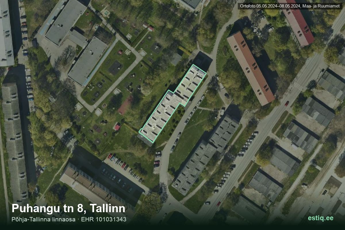 Puhangu tänav 8, Tallinn – hoone aerofoto, kontuur ehitisregistri (EHR) andmetest