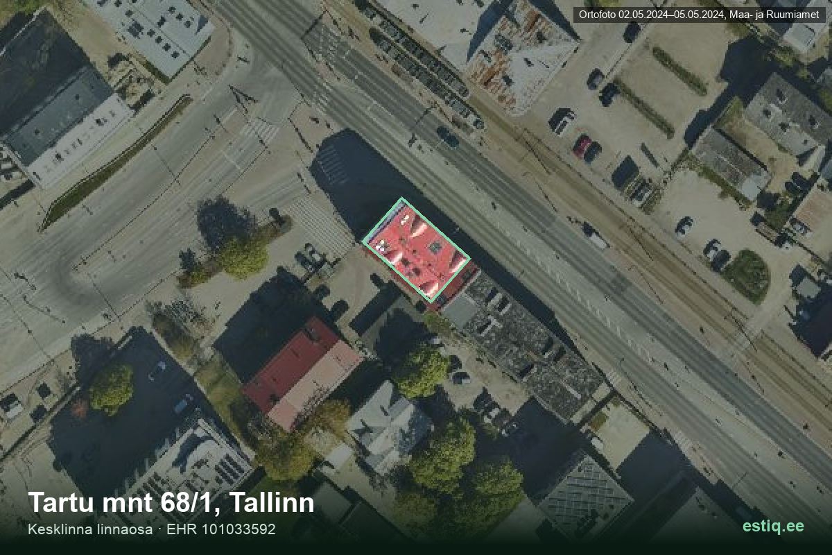 Tartu mnt 68/1, Tallinn – аэрофото дома, контур по данным регистра строений (EHR)