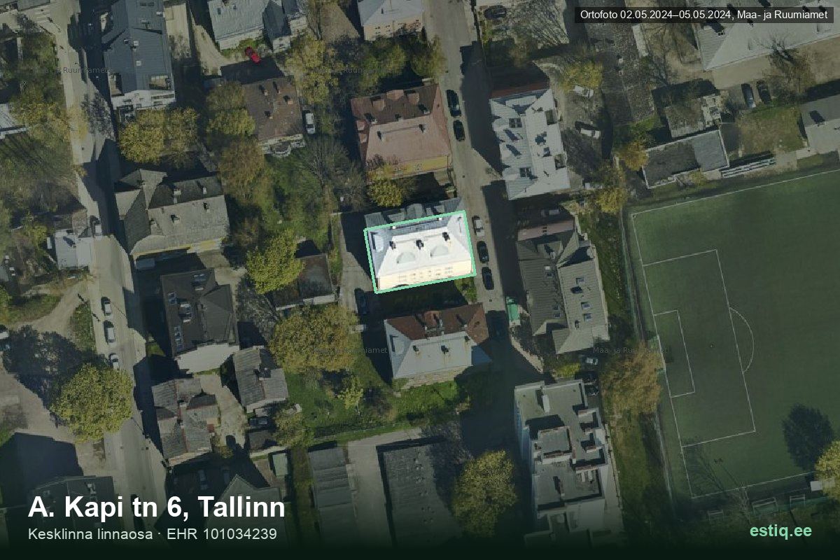 A. Kapi tänav 6, Tallinn – ilmakuva rakennuksesta, ääriviiva rakennusrekisteristä (EHR)