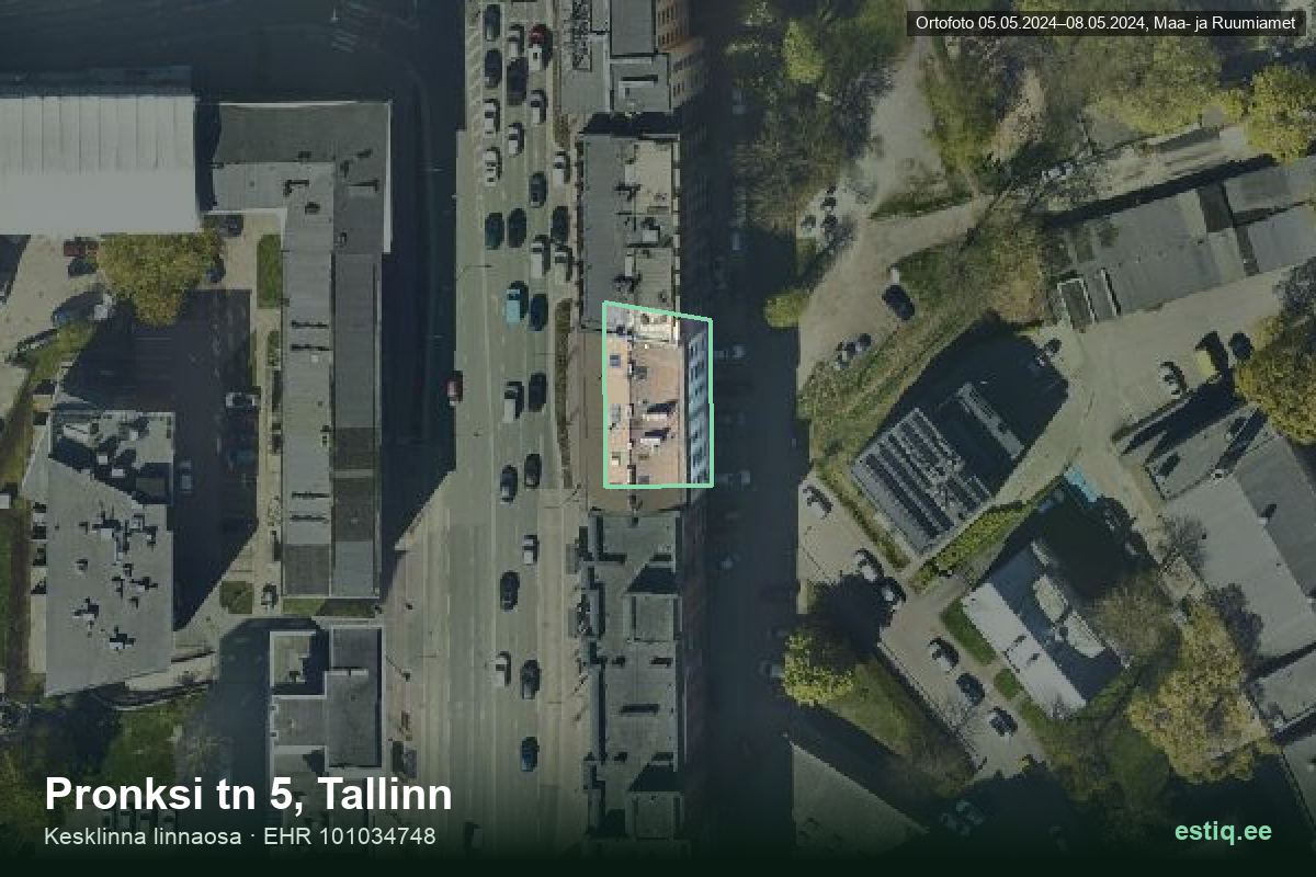 Pronksi tänav 5, Tallinn – ilmakuva rakennuksesta, ääriviiva rakennusrekisteristä (EHR)