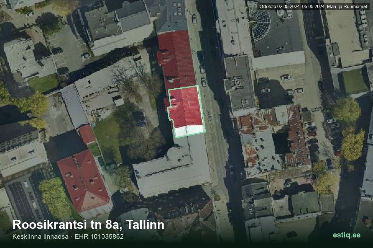 Roosikrantsi tänav 8a, Tallinn – ilmakuva rakennuksesta, ääriviiva rakennusrekisteristä (EHR)