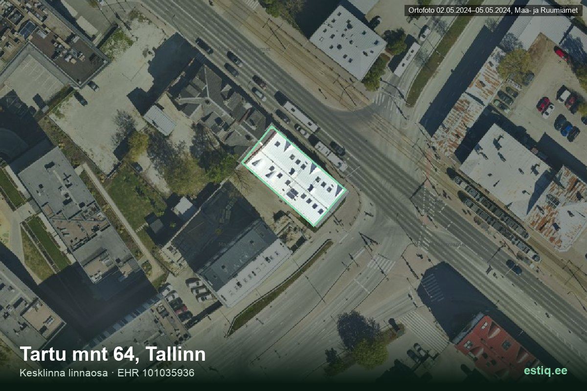 Tartu mnt 64, Tallinn – аэрофото дома, контур по данным регистра строений (EHR)