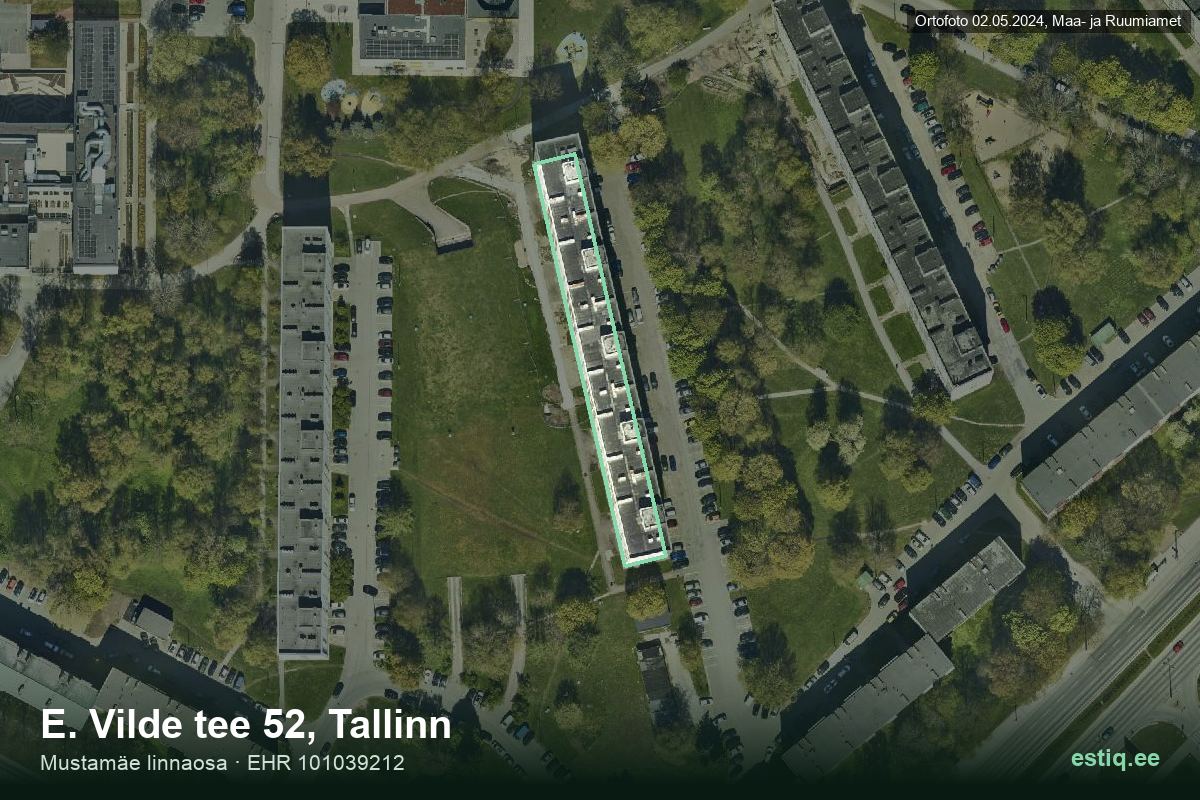 E. Vilde tee 52, Tallinn – hoone aerofoto, kontuur ehitisregistri (EHR) andmetest