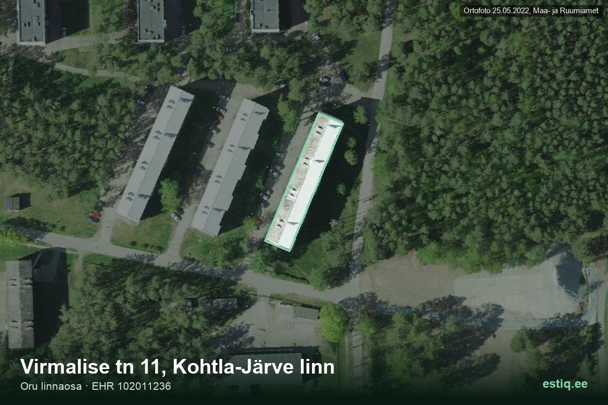 Virmalise tänav 11, Kohtla-Järve – ilmakuva rakennuksesta, ääriviiva rakennusrekisteristä (EHR)