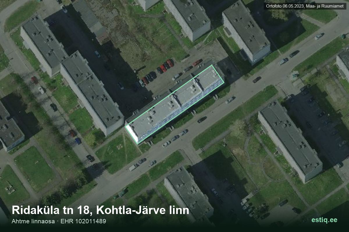 Ridaküla tänav 18, Kohtla-Järve – hoone aerofoto, kontuur ehitisregistri (EHR) andmetest