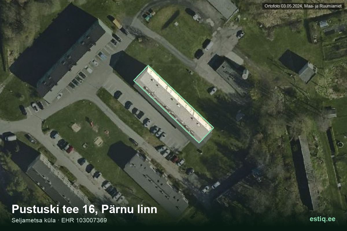 Pustuski tee 16, Pärnu – аэрофото дома, контур по данным регистра строений (EHR)