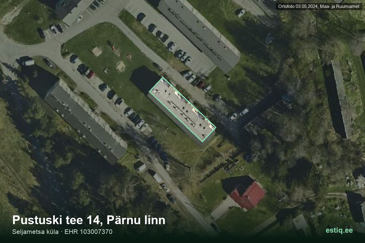 Pustuski tee 14, Pärnu – аэрофото дома, контур по данным регистра строений (EHR)