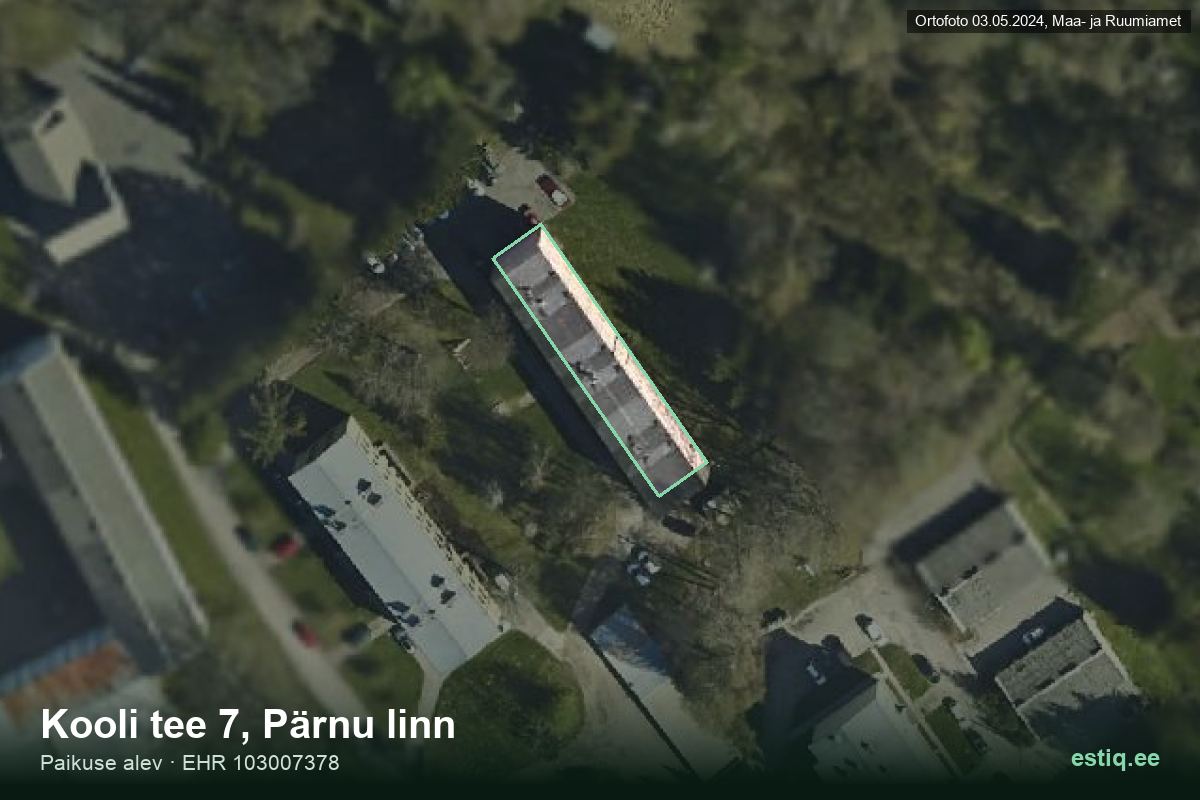 Kooli tee 7, Pärnu – hoone aerofoto, kontuur ehitisregistri (EHR) andmetest