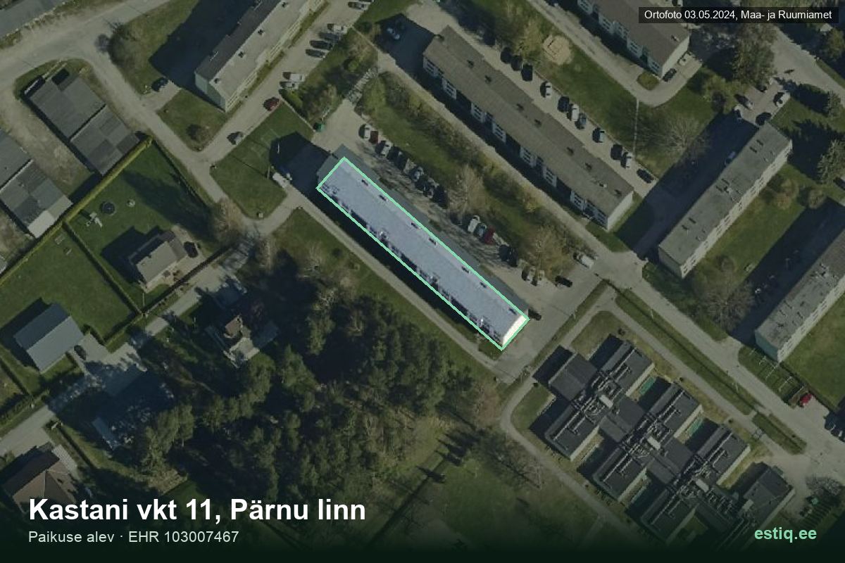Kastani vkt 11, Pärnu – ilmakuva rakennuksesta, ääriviiva rakennusrekisteristä (EHR)