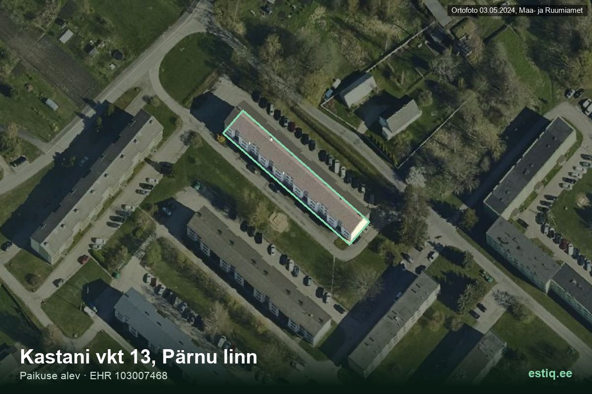 Kastani vkt 13, Pärnu – ilmakuva rakennuksesta, ääriviiva rakennusrekisteristä (EHR)