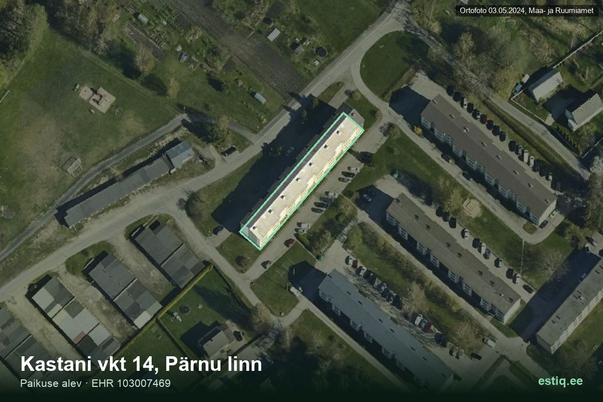Kastani vkt 14, Pärnu – hoone aerofoto, kontuur ehitisregistri (EHR) andmetest