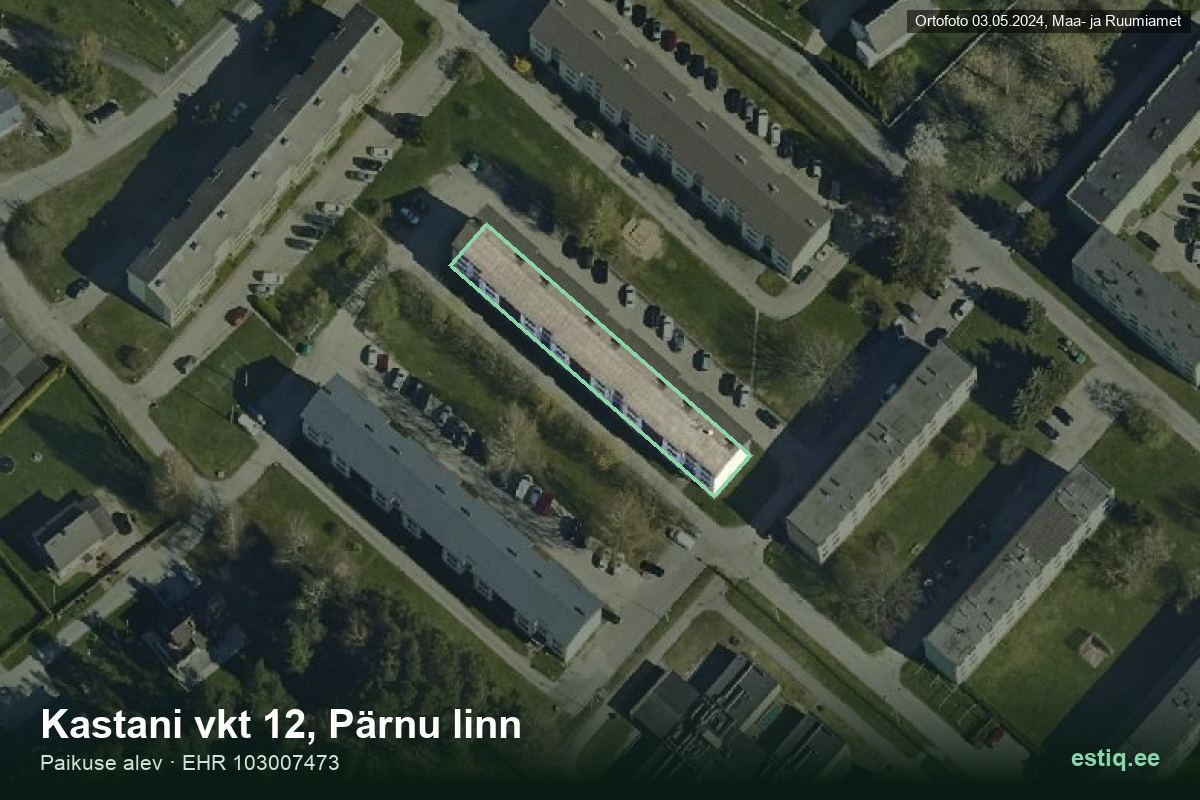 Kastani vkt 12, Pärnu – ilmakuva rakennuksesta, ääriviiva rakennusrekisteristä (EHR)