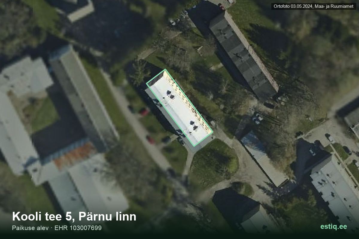 Kooli tee 5, Pärnu – hoone aerofoto, kontuur ehitisregistri (EHR) andmetest