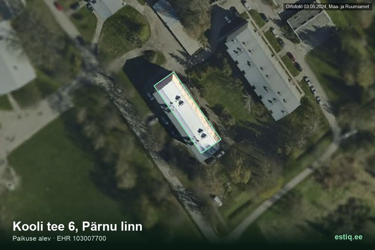 Kooli tee 6, Pärnu – hoone aerofoto, kontuur ehitisregistri (EHR) andmetest