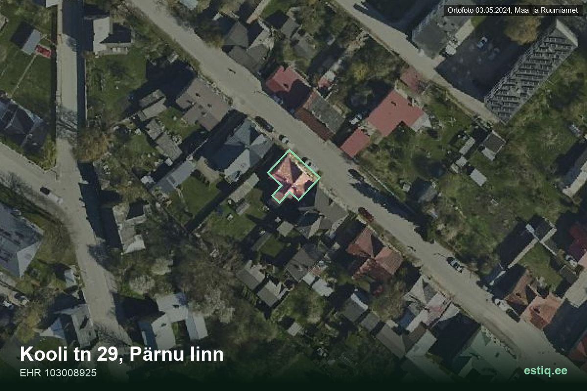 Kooli tänav 29, Pärnu – hoone aerofoto, kontuur ehitisregistri (EHR) andmetest