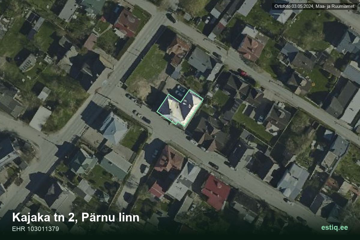 Kajaka tänav 2, Pärnu – hoone aerofoto, kontuur ehitisregistri (EHR) andmetest
