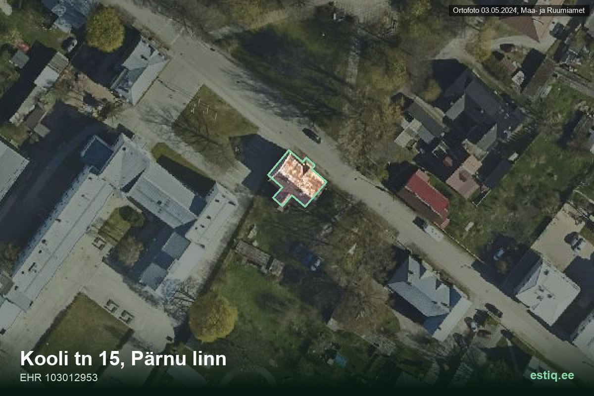 Kooli tänav 15, Pärnu – hoone aerofoto, kontuur ehitisregistri (EHR) andmetest