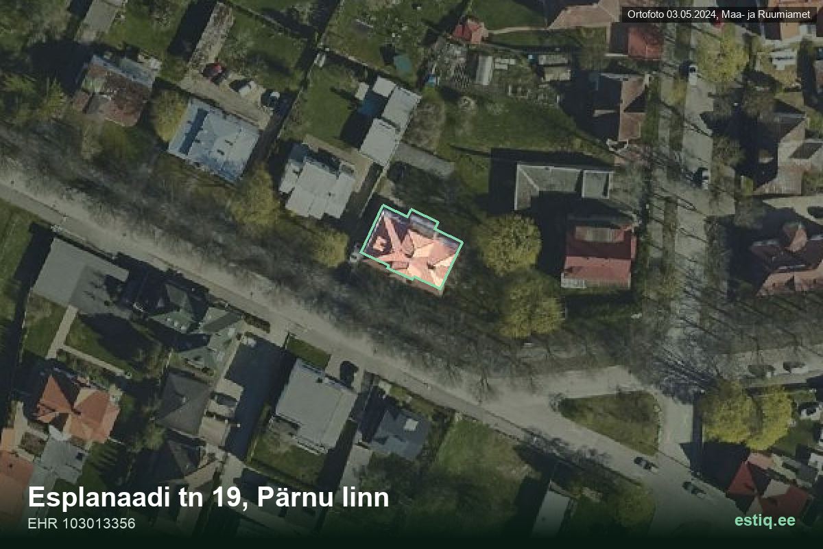 Esplanaadi tänav 19, Pärnu – hoone aerofoto, kontuur ehitisregistri (EHR) andmetest