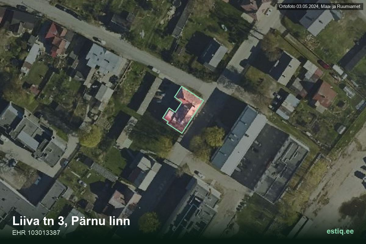 Liiva tänav 3, Pärnu – ilmakuva rakennuksesta, ääriviiva rakennusrekisteristä (EHR)