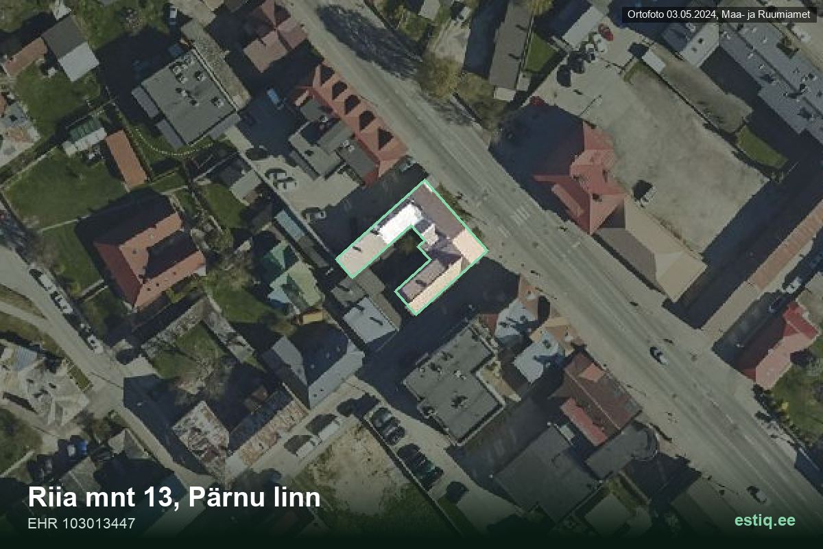 Riia mnt 13, Pärnu – hoone aerofoto, kontuur ehitisregistri (EHR) andmetest