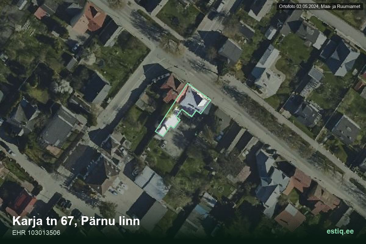 Karja tänav 67, Pärnu – hoone aerofoto, kontuur ehitisregistri (EHR) andmetest