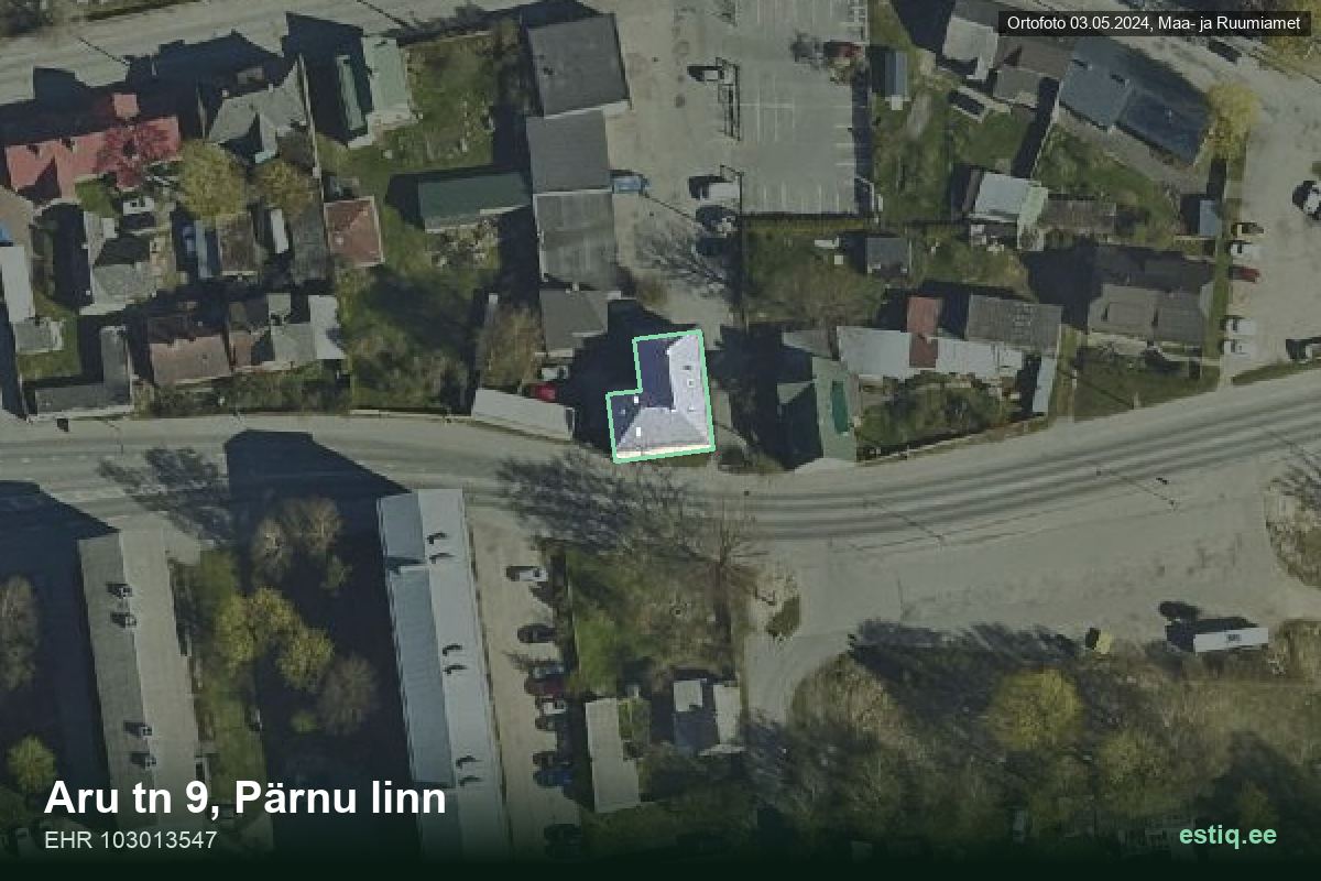 Aru tänav 9, Pärnu – аэрофото дома, контур по данным регистра строений (EHR)
