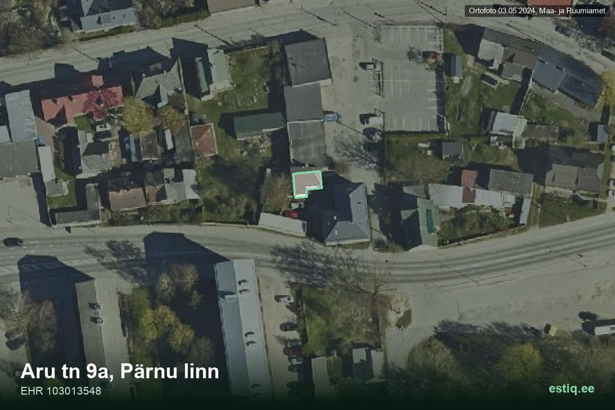 Aru tänav 9a, Pärnu – аэрофото дома, контур по данным регистра строений (EHR)