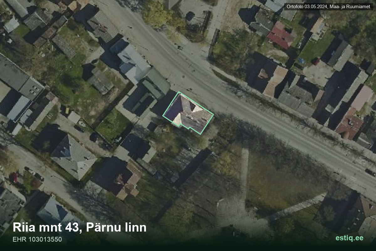 Riia mnt 43, Pärnu – hoone aerofoto, kontuur ehitisregistri (EHR) andmetest