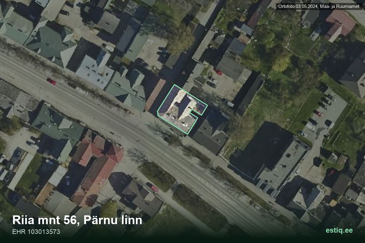 Riia mnt 56, Pärnu – hoone aerofoto, kontuur ehitisregistri (EHR) andmetest